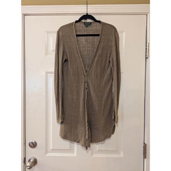 Lauren Ralph Lauren 100% Linen Open Knit Drape Cardigan- Size M- Olive Green - Picture 1 of 6